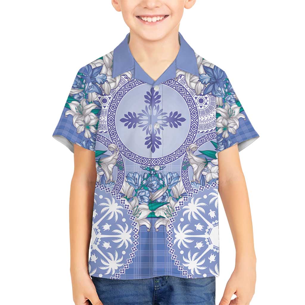 Hawaii Violet Palaka Family Matching Off Shoulder Short Dress and Hawaiian Shirt With Tapa Pattern Tropical Flowers - Polynesian Pride