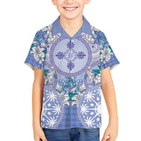 Hawaii Violet Palaka Family Matching Off Shoulder Short Dress and Hawaiian Shirt With Tapa Pattern Tropical Flowers - Polynesian Pride