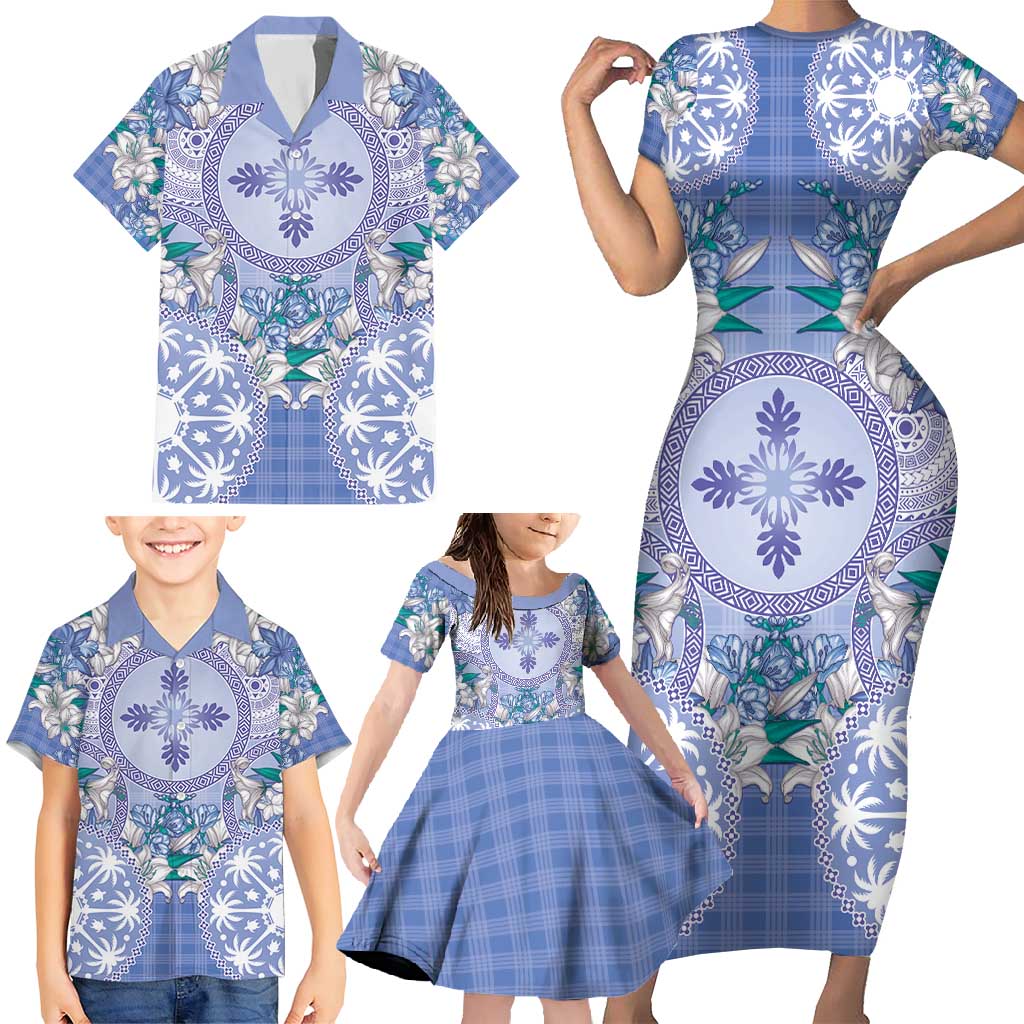 Hawaii Violet Palaka Family Matching Short Sleeve Bodycon Dress and Hawaiian Shirt With Tapa Pattern Tropical Flowers LT05 - Polynesian Pride