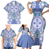 Hawaii Violet Palaka Family Matching Short Sleeve Bodycon Dress and Hawaiian Shirt With Tapa Pattern Tropical Flowers LT05 - Polynesian Pride