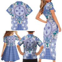 Hawaii Violet Palaka Family Matching Short Sleeve Bodycon Dress and Hawaiian Shirt With Tapa Pattern Tropical Flowers LT05 - Polynesian Pride