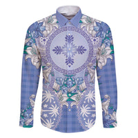Hawaii Violet Palaka Family Matching Short Sleeve Bodycon Dress and Hawaiian Shirt With Tapa Pattern Tropical Flowers LT05 Dad's Shirt - Long Sleeve Violet - Polynesian Pride