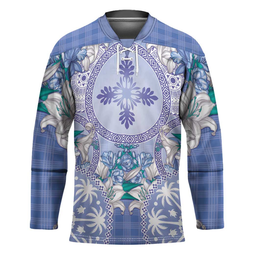 Hawaii Violet Palaka Hockey Jersey With Tapa Pattern Tropical Flowers - Polynesian Pride