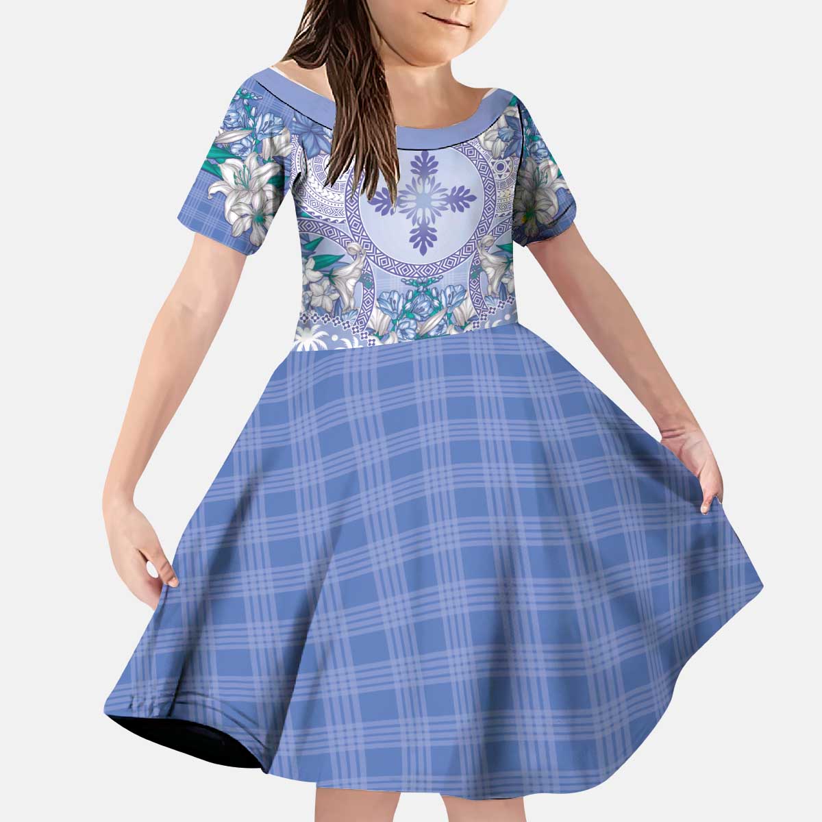 Hawaii Violet Palaka Kid Short Sleeve Dress With Tapa Pattern Tropical Flowers - Polynesian Pride