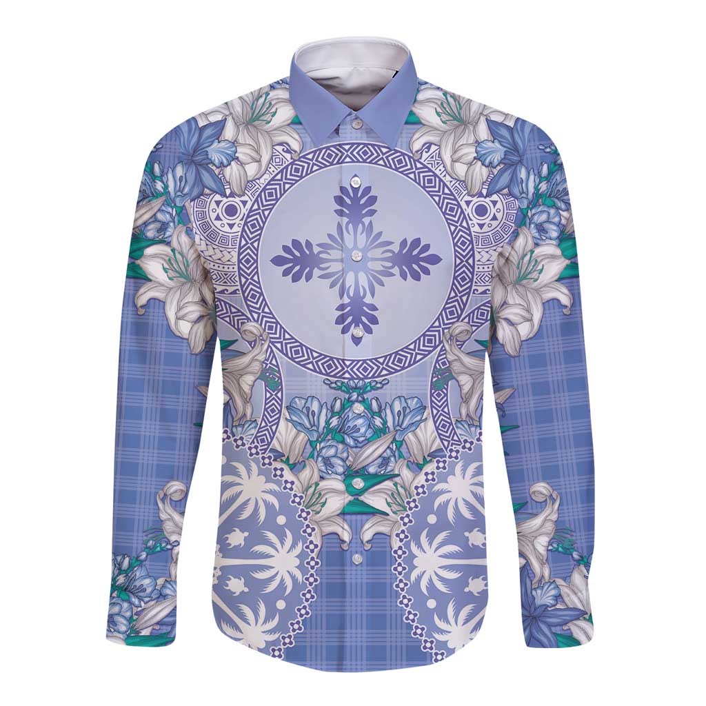 Hawaii Violet Palaka Long Sleeve Button Shirt With Tapa Pattern Tropical Flowers - Polynesian Pride
