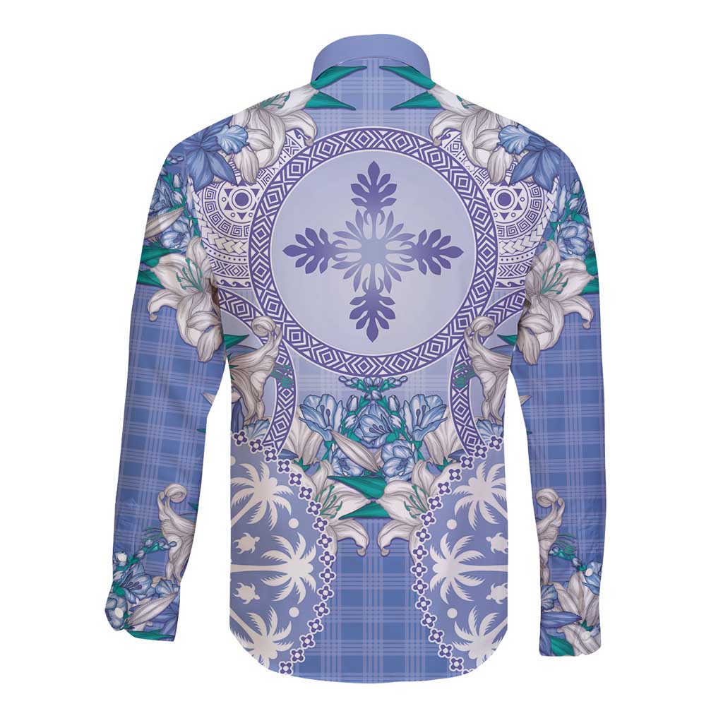 Hawaii Violet Palaka Long Sleeve Button Shirt With Tapa Pattern Tropical Flowers - Polynesian Pride