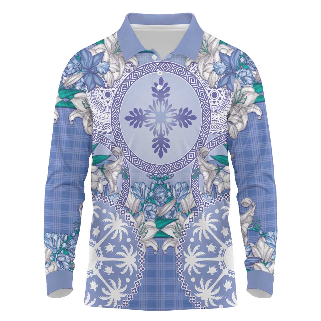 Hawaii Violet Palaka Long Sleeve Polo Shirt With Tapa Pattern Tropical Flowers - Polynesian Pride