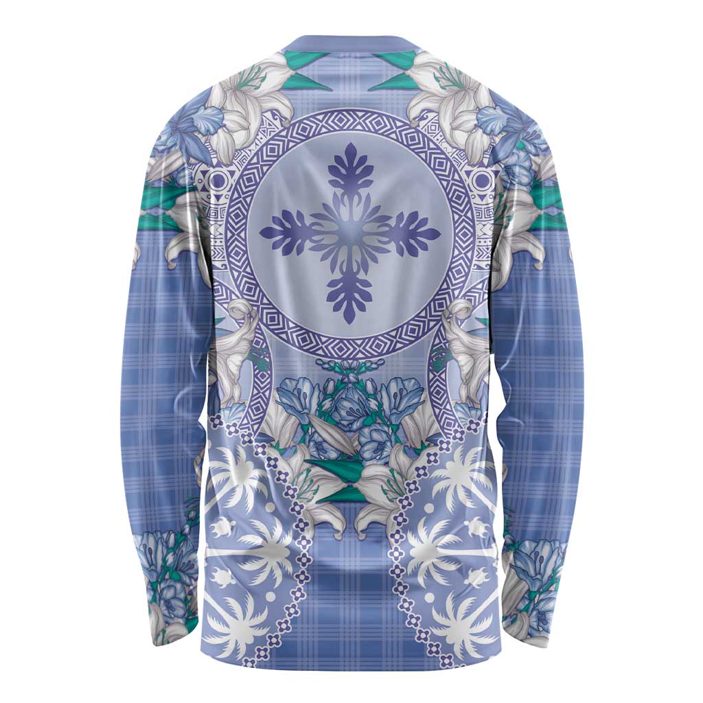 Hawaii Violet Palaka Long Sleeve Shirt With Tapa Pattern Tropical Flowers - Polynesian Pride
