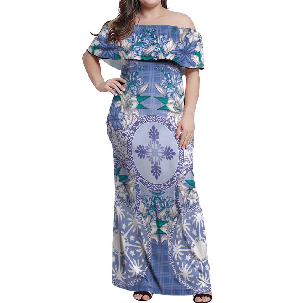 Hawaii Violet Palaka Off Shoulder Maxi Dress With Tapa Pattern Tropical Flowers LT05 Women Violet - Polynesian Pride