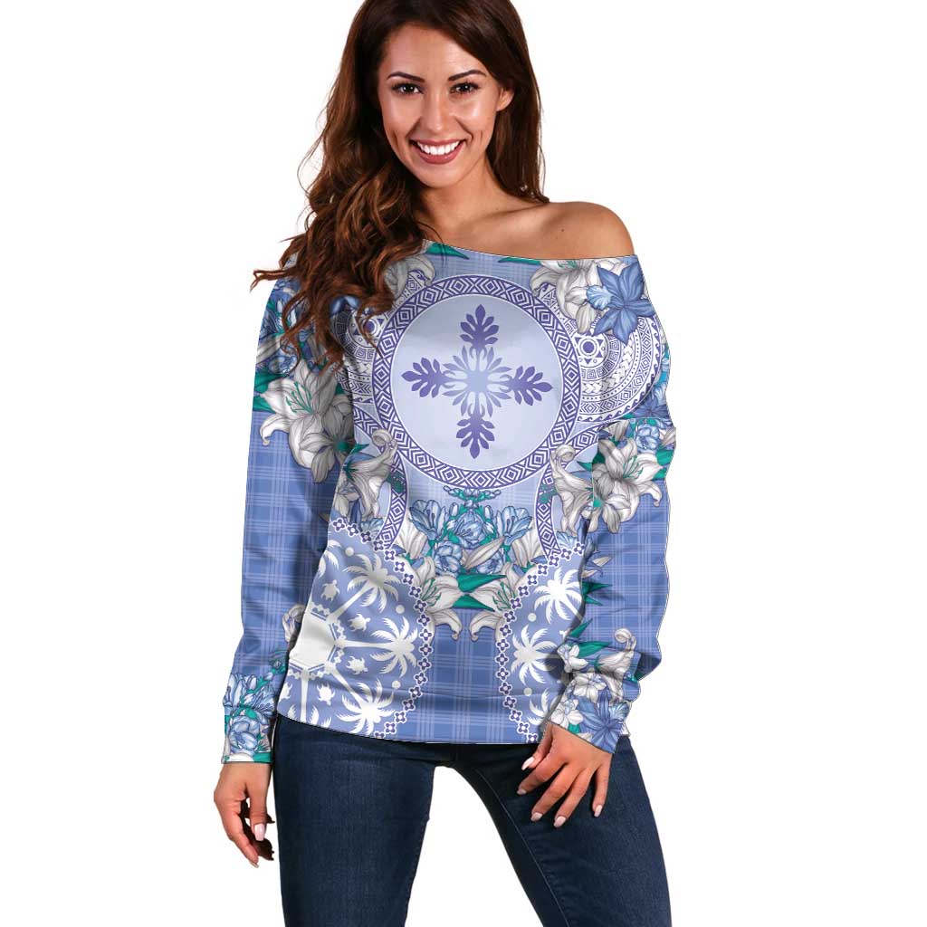 Hawaii Violet Palaka Off Shoulder Sweater With Tapa Pattern Tropical Flowers - Polynesian Pride