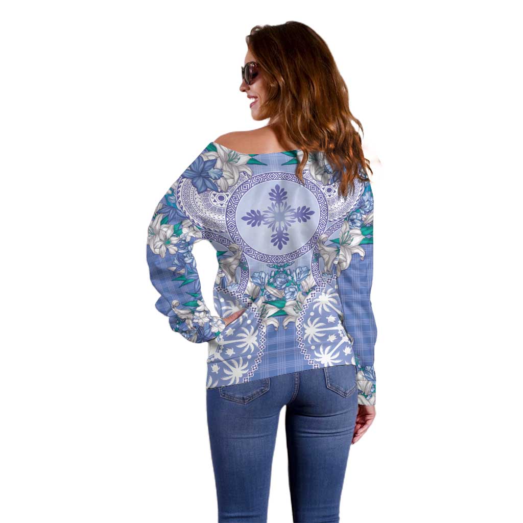 Hawaii Violet Palaka Off Shoulder Sweater With Tapa Pattern Tropical Flowers - Polynesian Pride