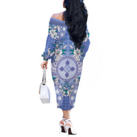 Hawaii Violet Palaka Off The Shoulder Long Sleeve Dress With Tapa Pattern Tropical Flowers LT05 - Polynesian Pride
