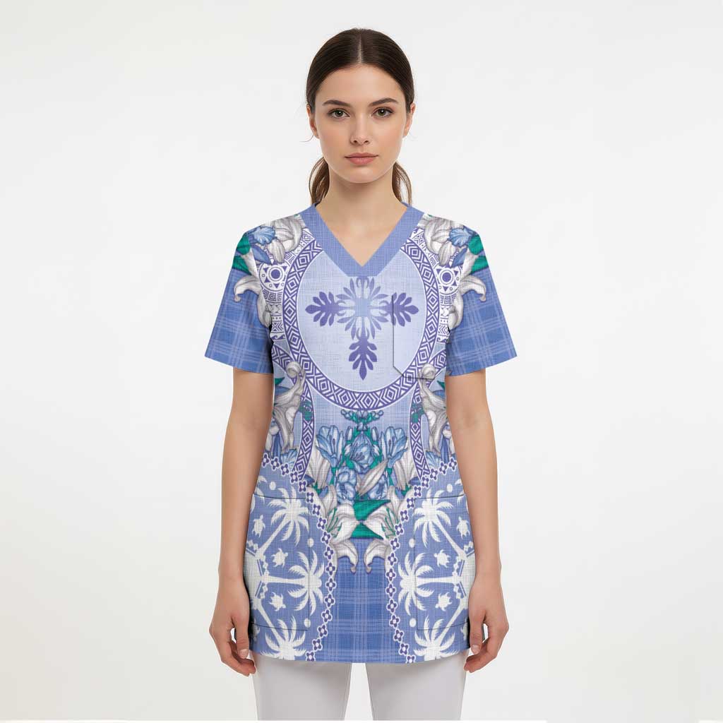 Hawaii Violet Palaka Scrub Top With Tapa Pattern Tropical Flowers - Polynesian Pride