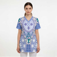 Hawaii Violet Palaka Scrub Top With Tapa Pattern Tropical Flowers - Polynesian Pride