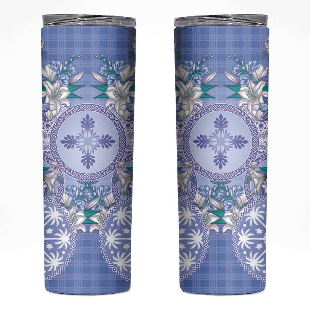 Hawaii Violet Palaka Skinny Tumbler With Tapa Pattern Tropical Flowers - Polynesian Pride