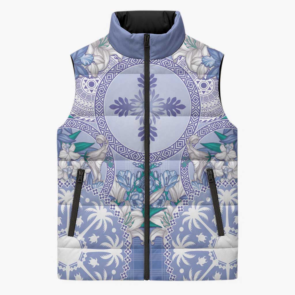 Hawaii Violet Palaka Sleeveless Puffer Jacket With Tapa Pattern Tropical Flowers - Polynesian Pride