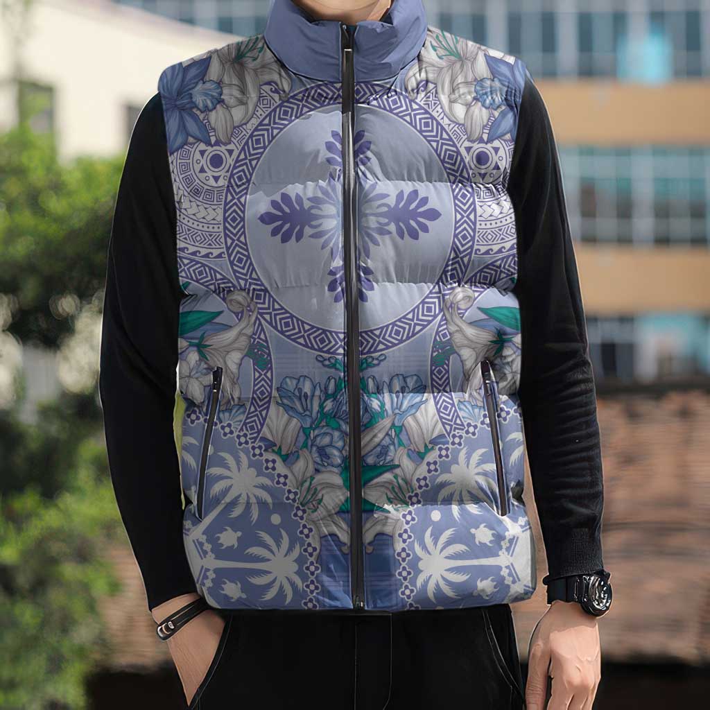 Hawaii Violet Palaka Sleeveless Puffer Jacket With Tapa Pattern Tropical Flowers - Polynesian Pride