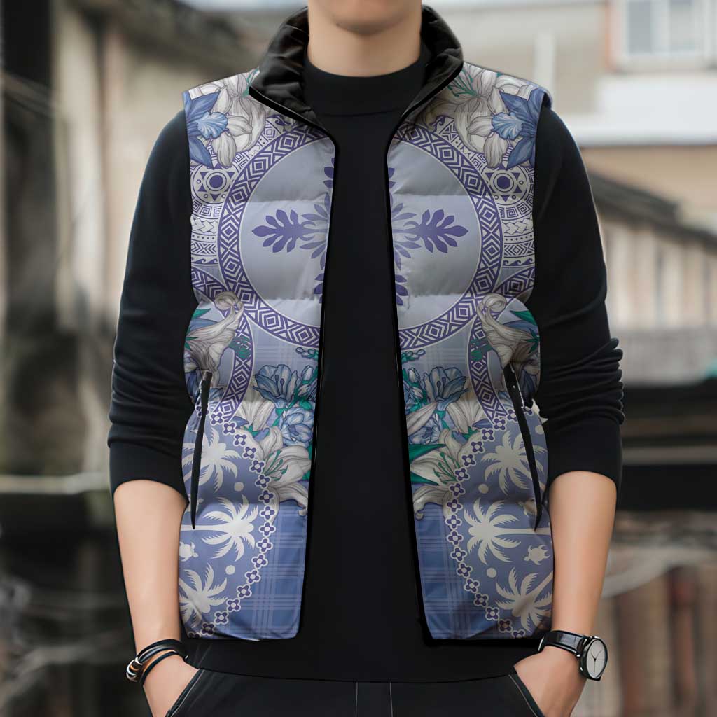 Hawaii Violet Palaka Sleeveless Puffer Jacket With Tapa Pattern Tropical Flowers - Polynesian Pride