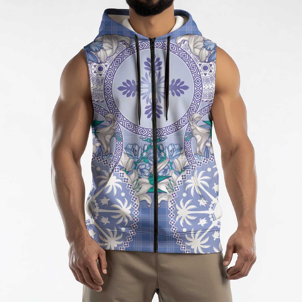 Hawaii Violet Palaka Sleeveless Zip Hoodie With Tapa Pattern Tropical Flowers - Polynesian Pride