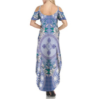 Hawaii Violet Palaka Summer Maxi Dress With Tapa Pattern Tropical Flowers - Polynesian Pride