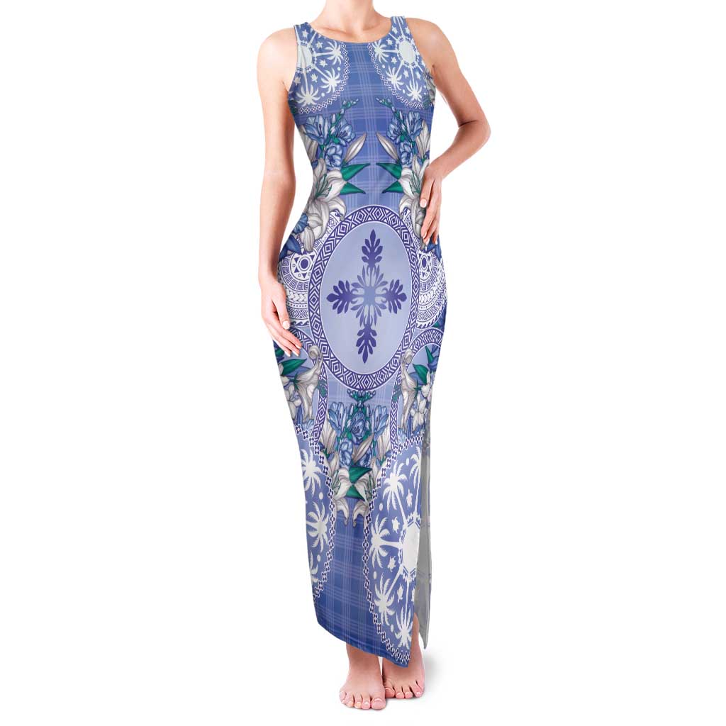 Hawaii Violet Palaka Tank Maxi Dress With Tapa Pattern Tropical Flowers LT05 Women Violet - Polynesian Pride