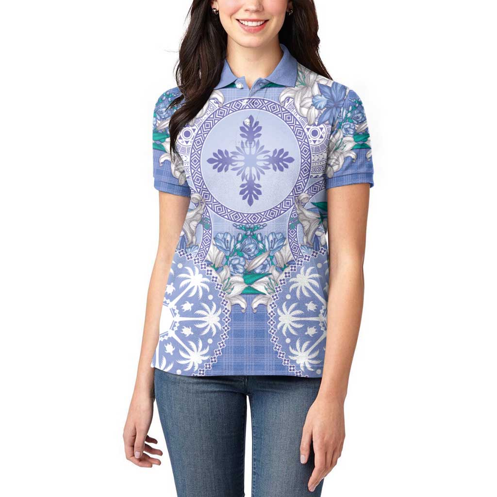 Hawaii Violet Palaka Women Polo Shirt With Tapa Pattern Tropical Flowers - Polynesian Pride