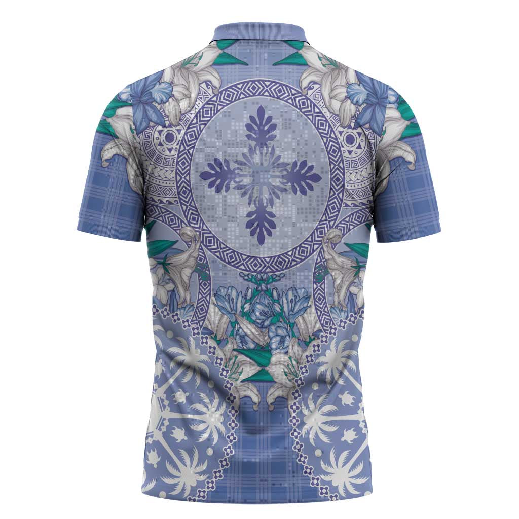 Hawaii Violet Palaka Zipper Polo Shirt With Tapa Pattern Tropical Flowers - Polynesian Pride