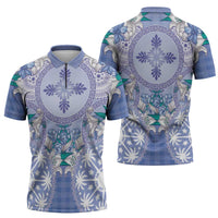 Hawaii Violet Palaka Zipper Polo Shirt With Tapa Pattern Tropical Flowers - Polynesian Pride