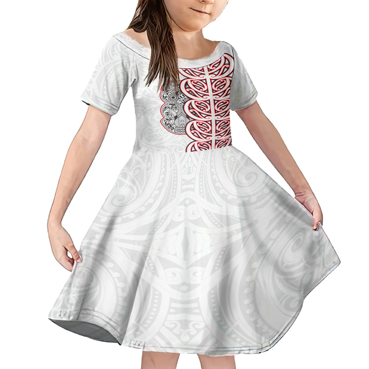 Aotearoa New Zealand Family Matching Long Sleeve Bodycon Dress and Hawaiian Shirt Maori Marae Pattern Tiki LT05 Daughter's Dress White - Polynesian Pride