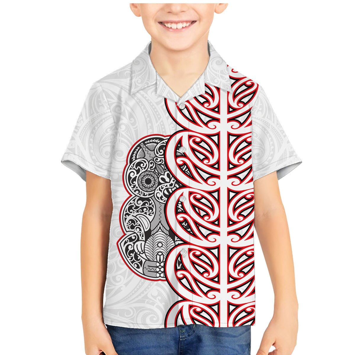 Aotearoa New Zealand Family Matching Mermaid Dress and Hawaiian Shirt Maori Marae Pattern Tiki LT05 Son's Shirt White - Polynesian Pride