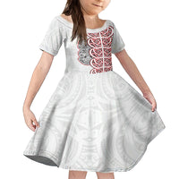 Aotearoa New Zealand Family Matching Puletasi Dress and Hawaiian Shirt Maori Marae Pattern Tiki LT05 Daughter's Dress White - Polynesian Pride
