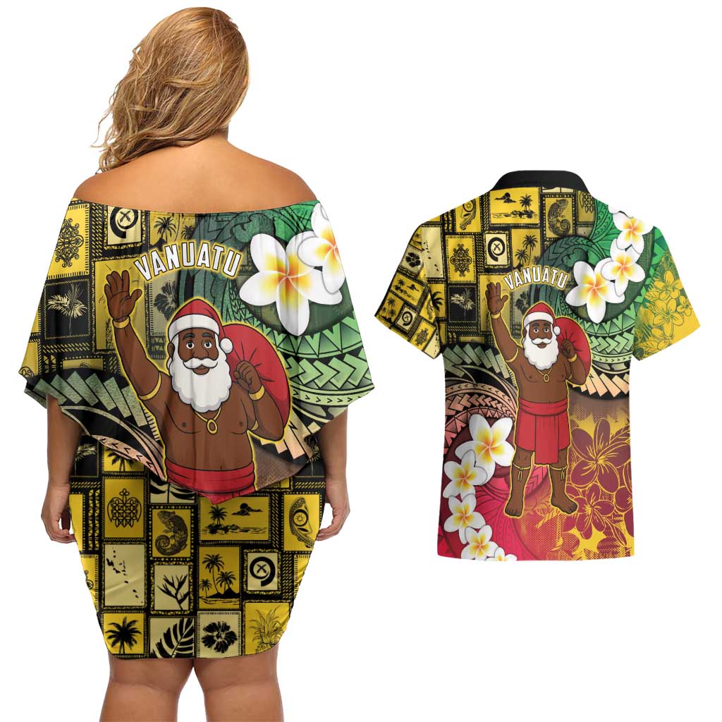 Vanuatu Christmas Couples Matching Off Shoulder Short Dress and Hawaiian Shirt Ni-Van Santa Retro Style - Polynesian Pride
