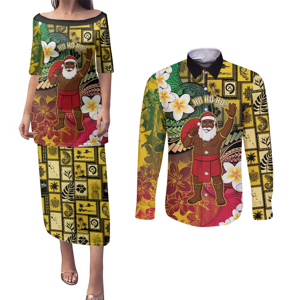 Vanuatu Christmas Couples Matching Puletasi and Long Sleeve Button Shirt Ni-Van Santa Retro Style - Polynesian Pride