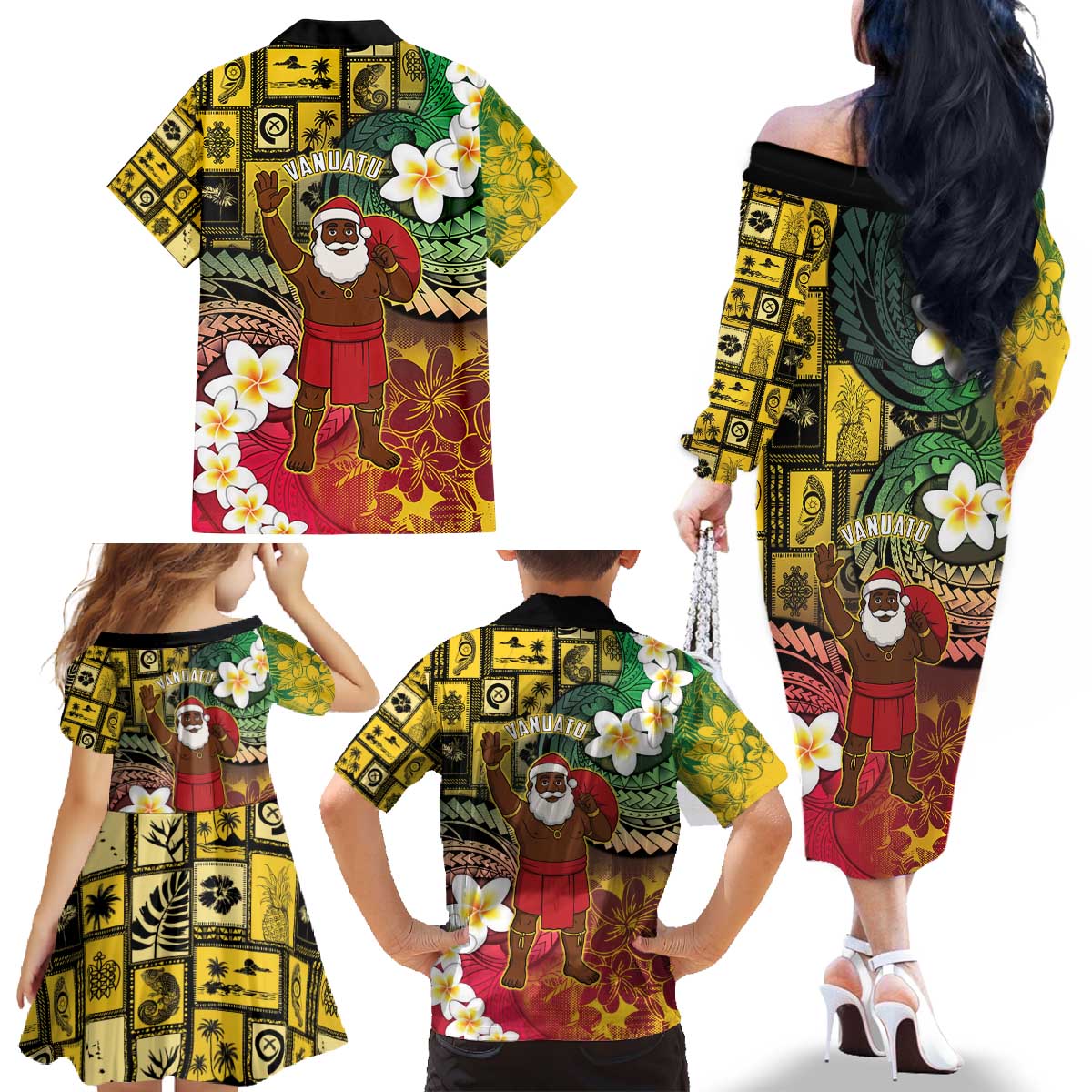 Vanuatu Christmas Family Matching Off The Shoulder Long Sleeve Dress and Hawaiian Shirt Ni-Van Santa Retro Style LT05 - Polynesian Pride