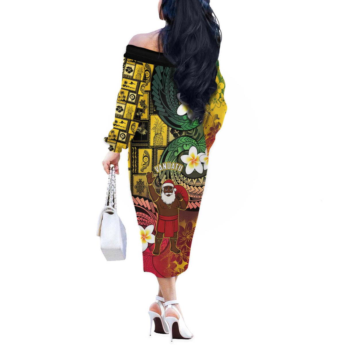 Vanuatu Christmas Off The Shoulder Long Sleeve Dress Ni-Van Santa Retro Style - Polynesian Pride