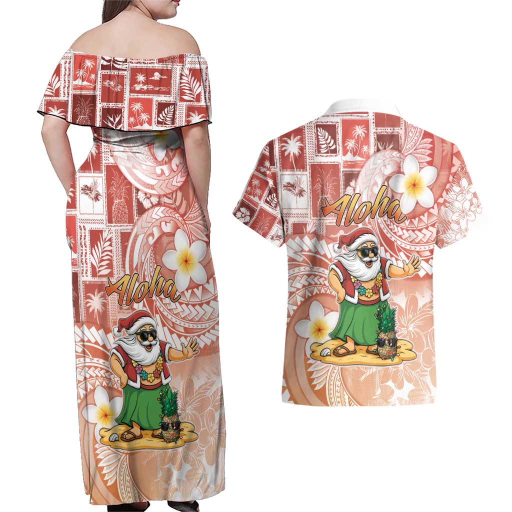 Hawaii Mele Kalikimaka Couples Matching Off Shoulder Maxi Dress and Hawaiian Shirt Hula Santa Retro Style Red - Polynesian Pride