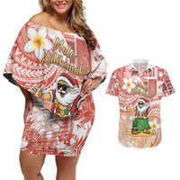 Hawaii Mele Kalikimaka Couples Matching Off Shoulder Short Dress and Hawaiian Shirt Hula Santa Retro Style Red LT05 Red - Polynesian Pride
