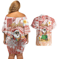 Hawaii Mele Kalikimaka Couples Matching Off Shoulder Short Dress and Hawaiian Shirt Hula Santa Retro Style Red LT05 - Polynesian Pride