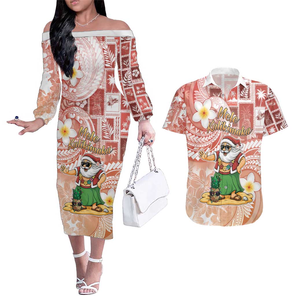 Hawaii Mele Kalikimaka Couples Matching Off The Shoulder Long Sleeve Dress and Hawaiian Shirt Hula Santa Retro Style Red - Polynesian Pride