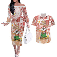 Hawaii Mele Kalikimaka Couples Matching Off The Shoulder Long Sleeve Dress and Hawaiian Shirt Hula Santa Retro Style Red - Polynesian Pride