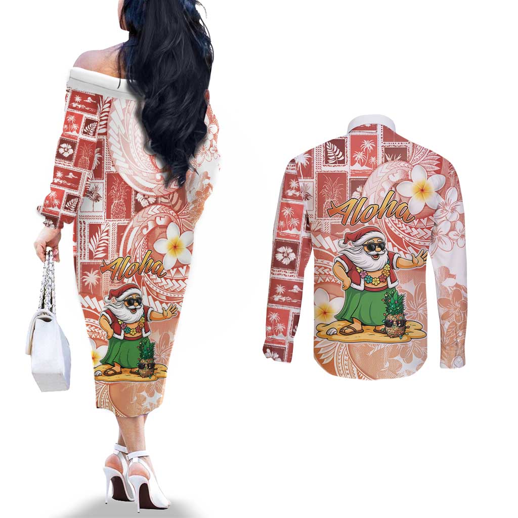 Hawaii Mele Kalikimaka Couples Matching Off The Shoulder Long Sleeve Dress and Long Sleeve Button Shirt Hula Santa Retro Style Red - Polynesian Pride