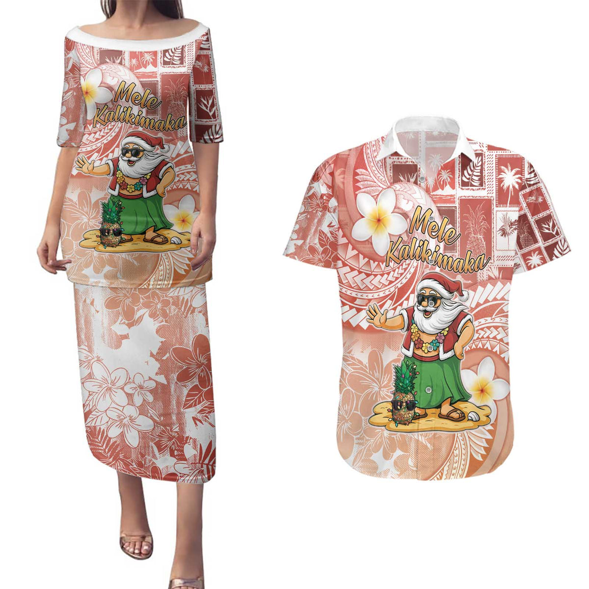Hawaii Mele Kalikimaka Couples Matching Puletasi and Hawaiian Shirt Hula Santa Retro Style Red - Polynesian Pride