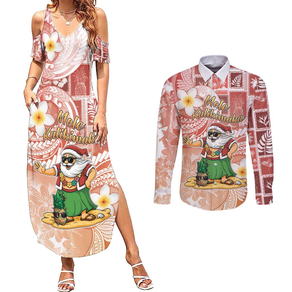 Hawaii Mele Kalikimaka Couples Matching Summer Maxi Dress and Long Sleeve Button Shirt Hula Santa Retro Style Red LT05 Red - Polynesian Pride
