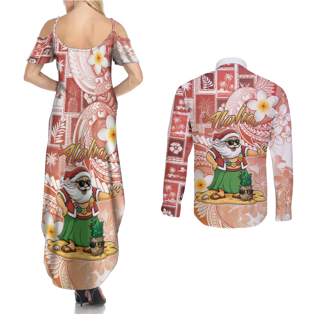 Hawaii Mele Kalikimaka Couples Matching Summer Maxi Dress and Long Sleeve Button Shirt Hula Santa Retro Style Red LT05 - Polynesian Pride
