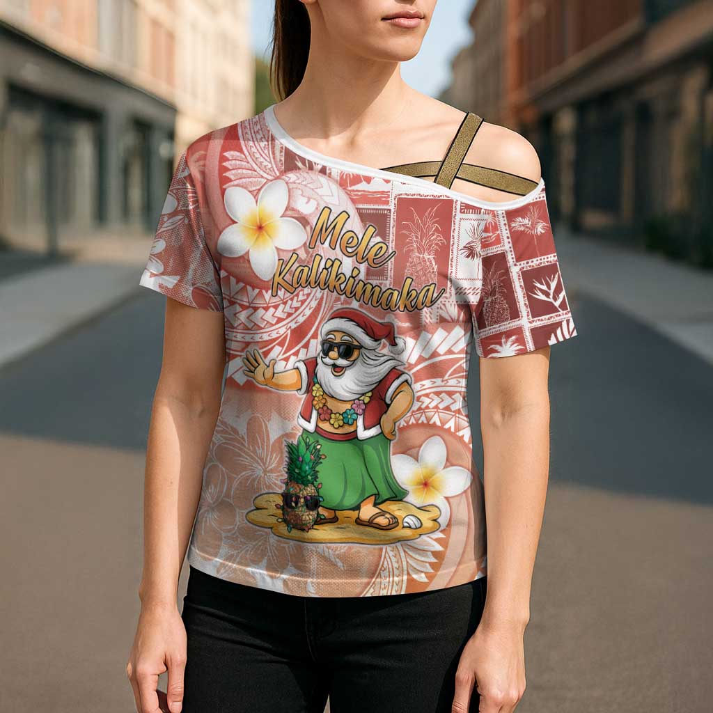 Hawaii Mele Kalikimaka Cross Shoulder Shirt Hula Santa Retro Style Red - Polynesian Pride