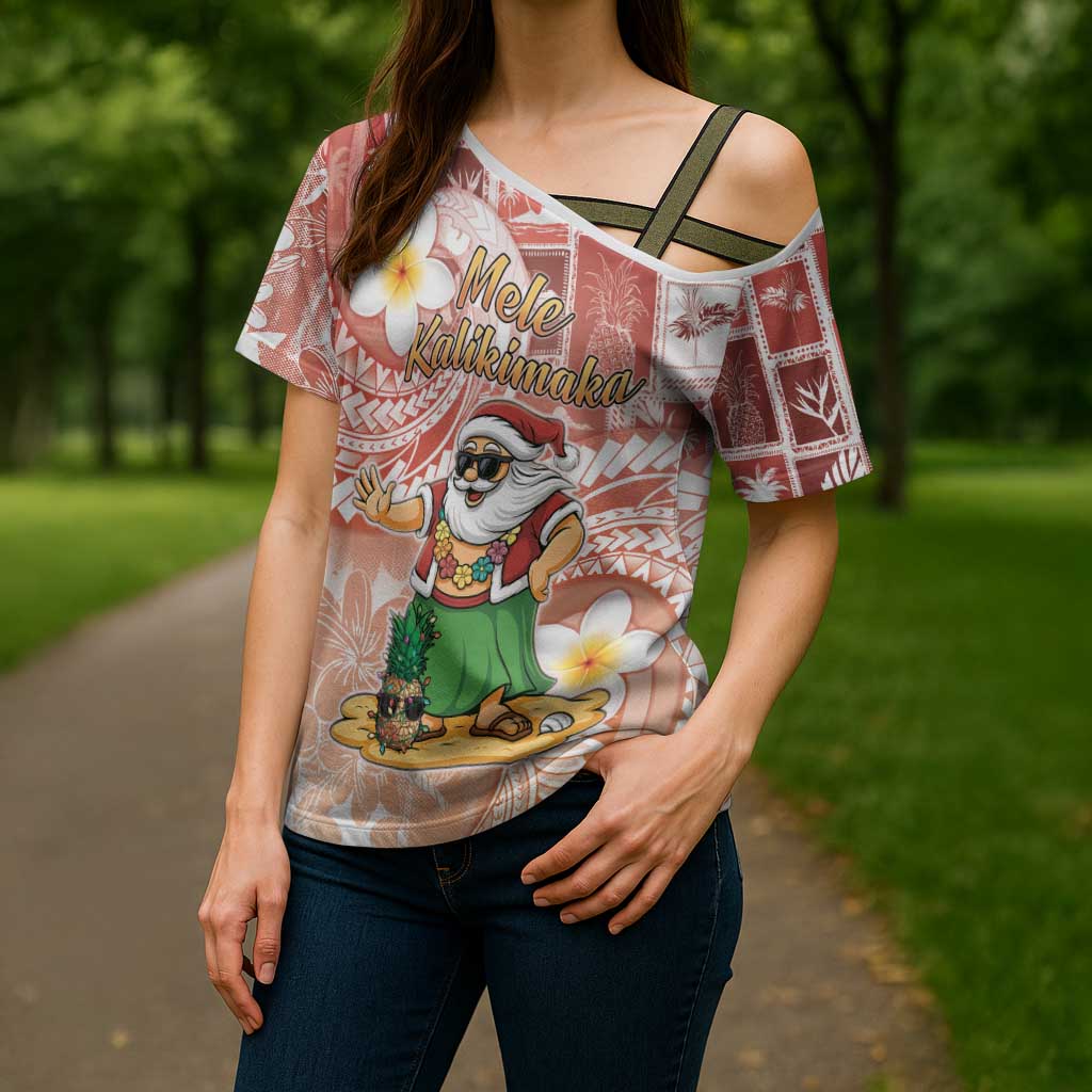 Hawaii Mele Kalikimaka Cross Shoulder Shirt Hula Santa Retro Style Red - Polynesian Pride