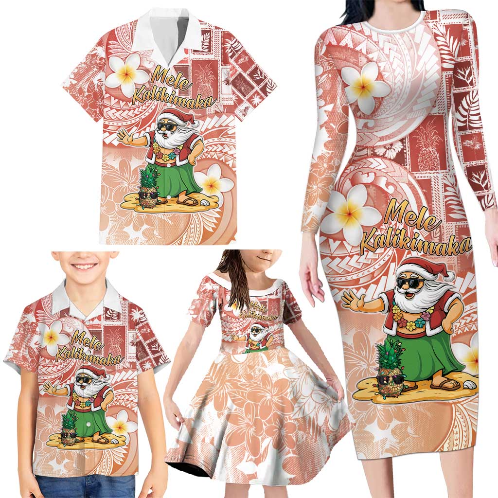 Hawaii Mele Kalikimaka Family Matching Long Sleeve Bodycon Dress and Hawaiian Shirt Hula Santa Retro Style Red LT05 - Polynesian Pride