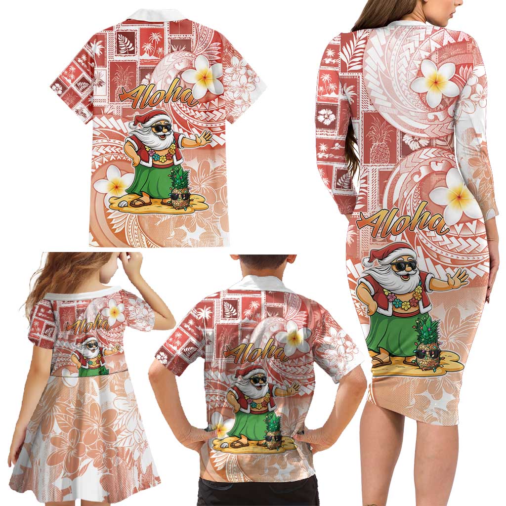 Hawaii Mele Kalikimaka Family Matching Long Sleeve Bodycon Dress and Hawaiian Shirt Hula Santa Retro Style Red LT05 - Polynesian Pride
