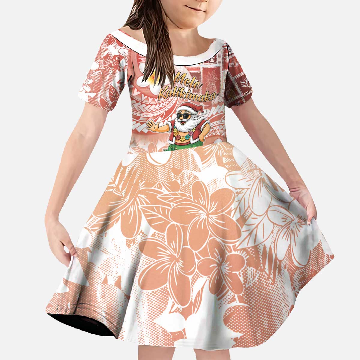 Hawaii Mele Kalikimaka Family Matching Off The Shoulder Long Sleeve Dress and Hawaiian Shirt Hula Santa Retro Style Red LT05 Daughter's Dress Red - Polynesian Pride