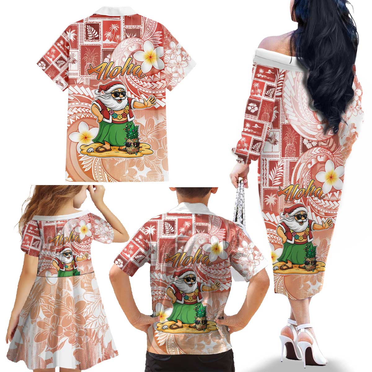 Hawaii Mele Kalikimaka Family Matching Off The Shoulder Long Sleeve Dress and Hawaiian Shirt Hula Santa Retro Style Red LT05 - Polynesian Pride